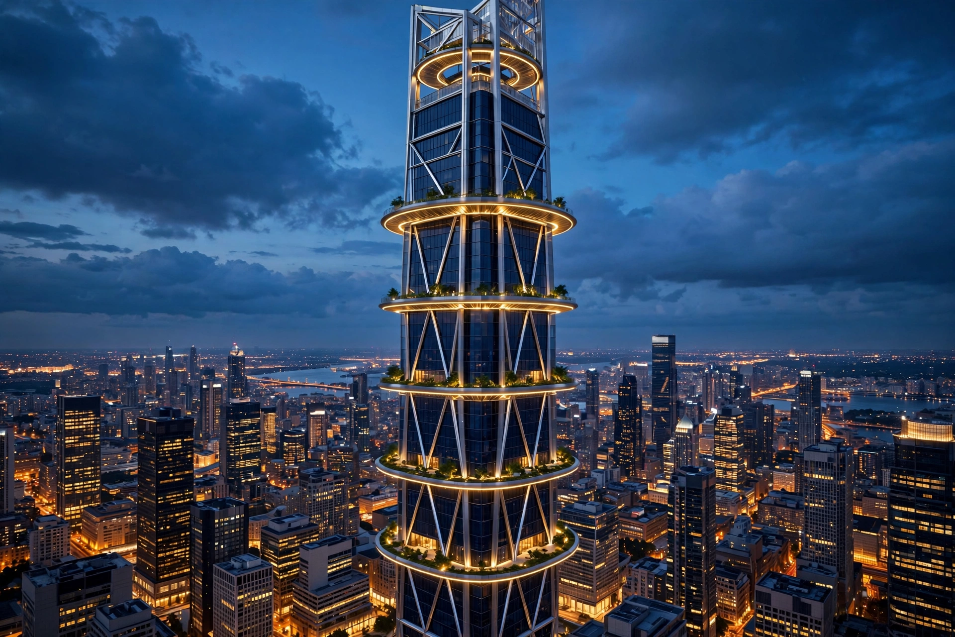 A glass and steel headquarters tower rising over a city at dusk, lit ring decks stacked like command floors