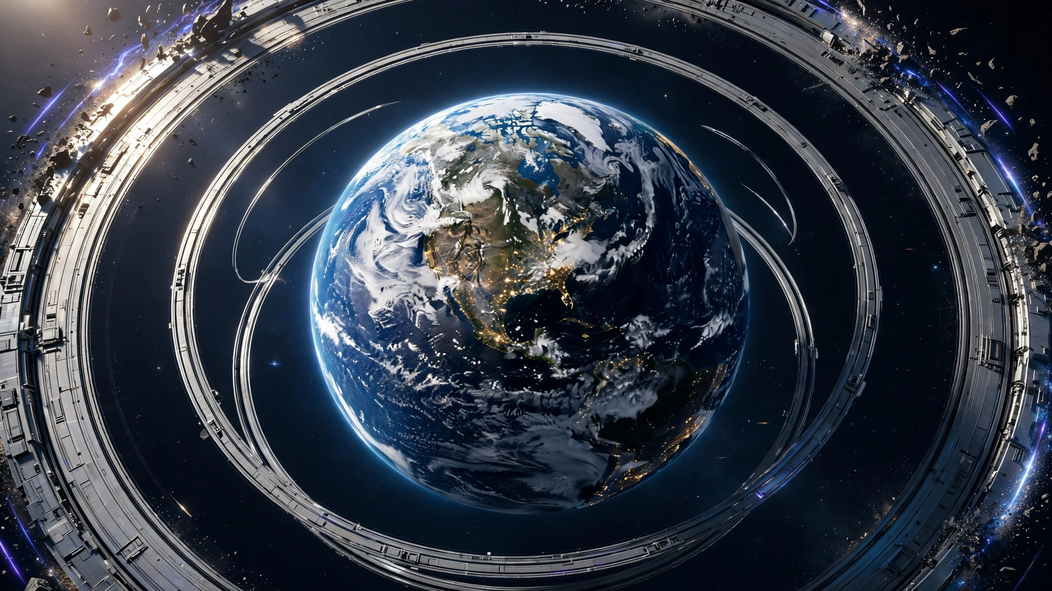 Earth wrapped in concentric golden protective rings against the dark of space
