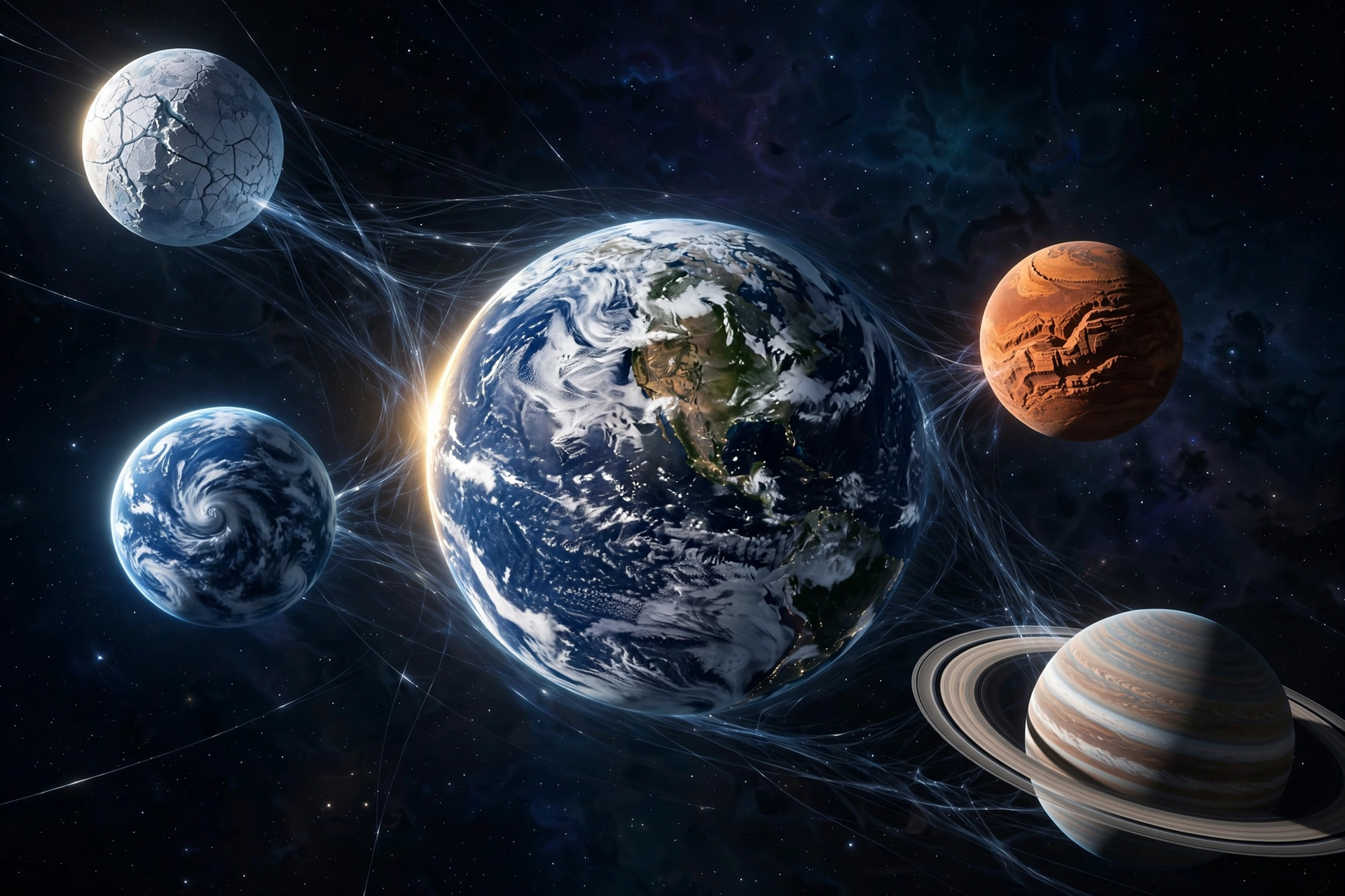 A planetary system of ringed worlds connected by light, the crew in motion