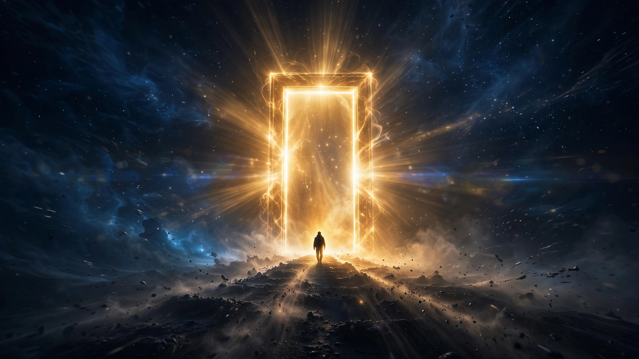 A glowing golden doorway standing before Earth amid orbiting worlds, the open door of the 75-to-5 business model