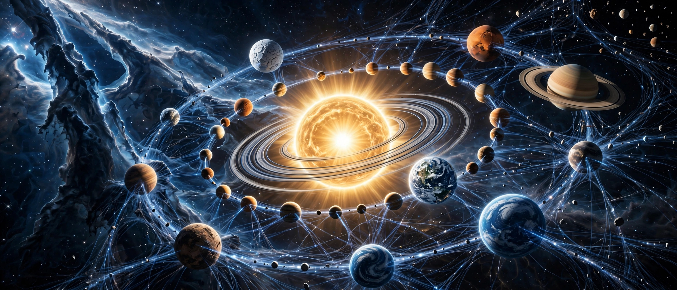 A unified composite scene of nebula, rings, and Earth in one cinematic frame