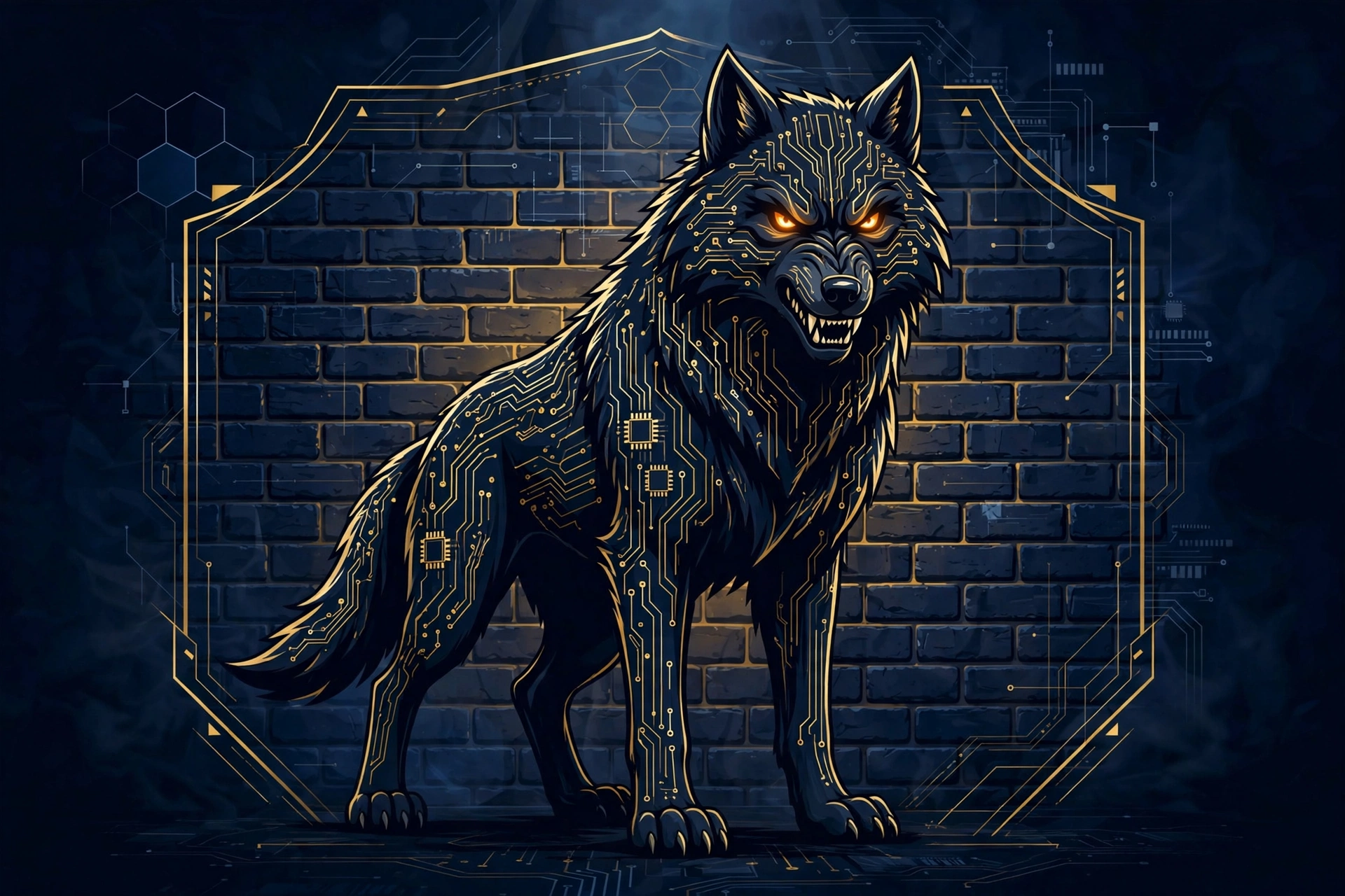 The Big Bad Wolf — the digital attacker, rendered as a circuit-etched wolf before a brick wall