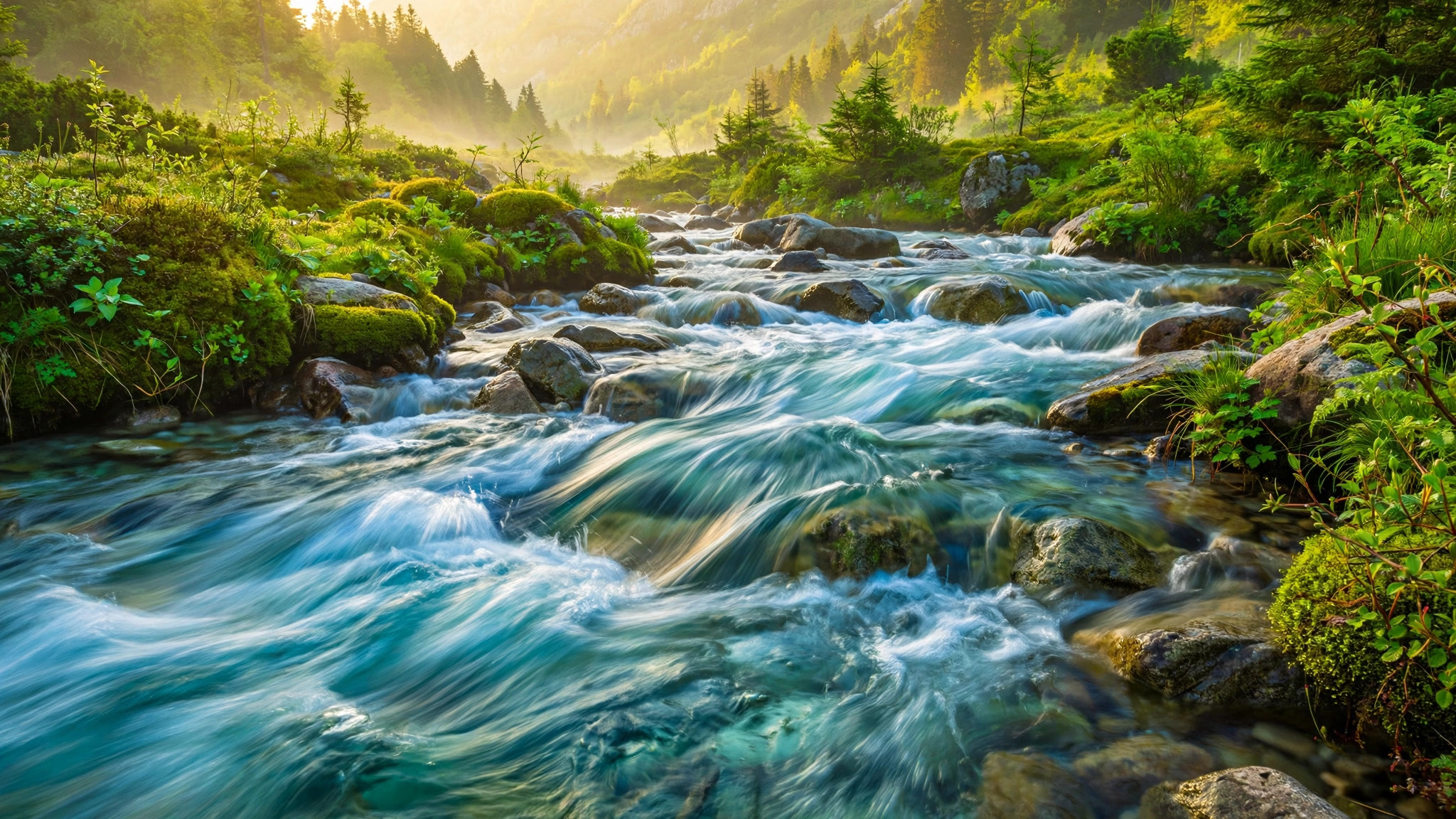 A crystal-clear stream flowing fast